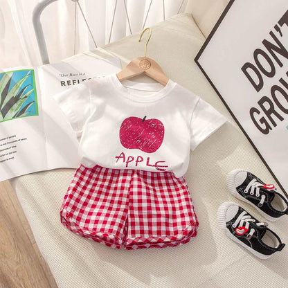 【S3041415】特賣款 夏季 嬰幼兒童套裝 薄款T恤短袖套裝水果格子兩件套-5色