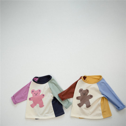 【S3082907】秋季款 嬰幼兒童長袖上衣 純棉拼色寬鬆長袖T恤-2色