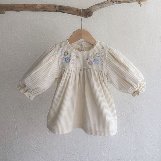 【K3091214】秋季款 嬰幼兒童洋裝 小女孩刺繡花蕾絲邊棉燈芯絨連身長袖公主裙寶寶長裙