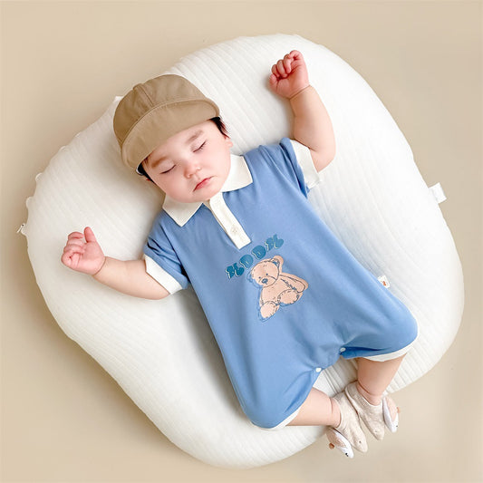 【K3033122】夏季款 嬰幼兒童包屁衣 POLO領小熊短袖薄款外出爬服-2色