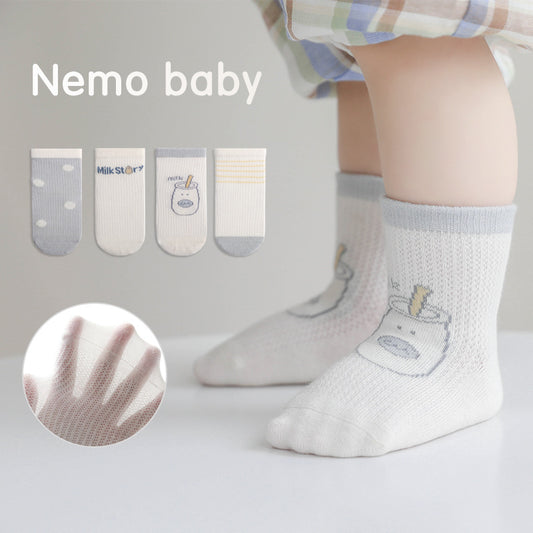 【Y3041117】夏季款 嬰幼兒童襪子 超薄網眼棉襪可愛卡通中筒襪(四雙組)-7色