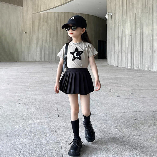 【D3072503】夏季款 兒童短袖套裝 星星拼接T恤+百褶裙褲