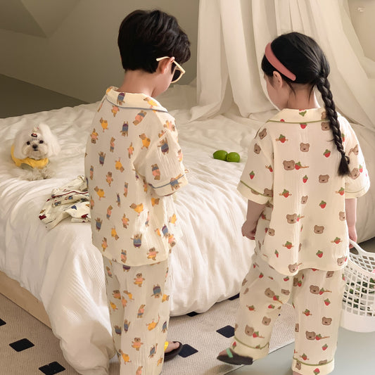 【D3032421】夏季款 兒童家居服 棉紗柔軟親膚睡衣 空調服短袖長褲兩件套-6色