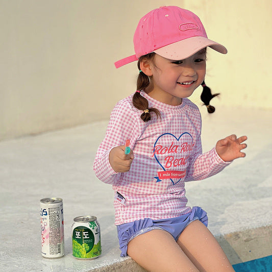 【S3050522】夏季款 嬰幼兒童泳衣 女童長袖格子愛心防曬短褲套裝游泳衣