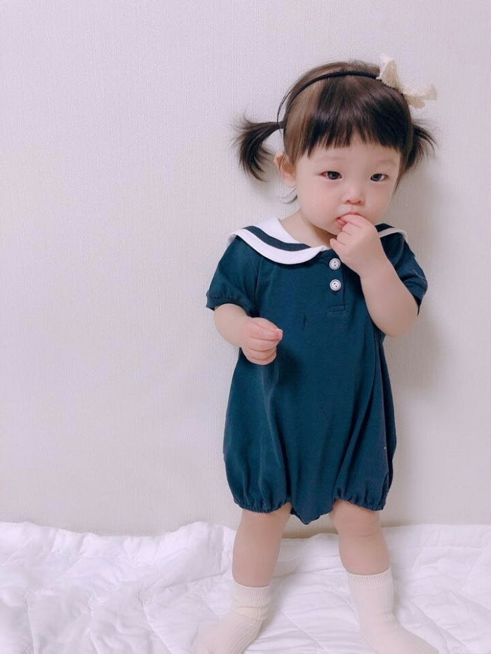 【K48845】夏季款 嬰幼兒童包屁衣 學院風海軍翻領連身爬服-3色 - Baby Parks 童裝批發