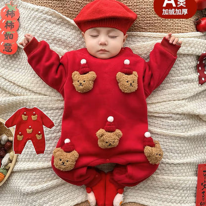  【D4112910】新年嬰幼兒拜年服 雙層加絨加厚小熊連身服 紅色喜慶爬服 66-100cmBaby Parks 童裝批發