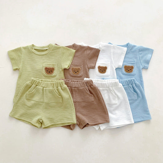 【K3041810】夏季款 嬰幼兒童套裝 簡約小熊短袖短褲兩件套-4色