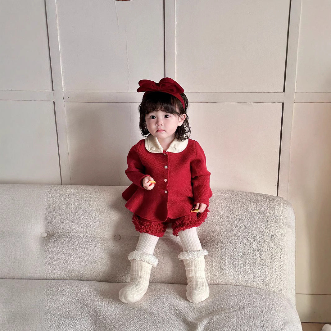  【D4112902】新年嬰幼兒套裝 秋冬女寶寶撞色翻領毛衣＋毛毛短褲兩件組 保暖時尚 73-110CMBaby Parks 童裝批發 Baby Parks 童裝批發