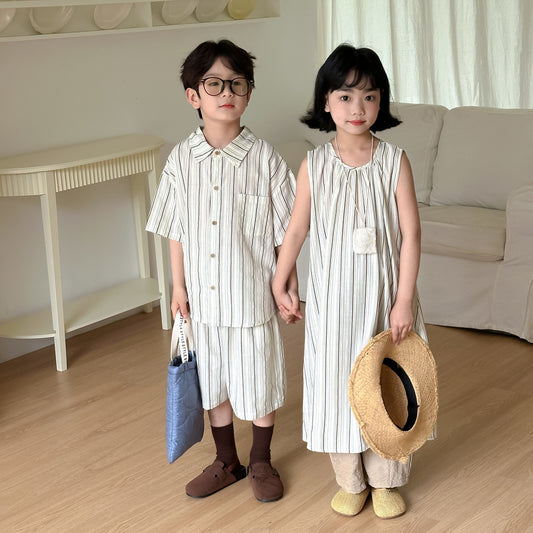 【D4051023】夏季款 兒童套裝 短袖短褲兩件套 豎條紋森系背心裙-2款