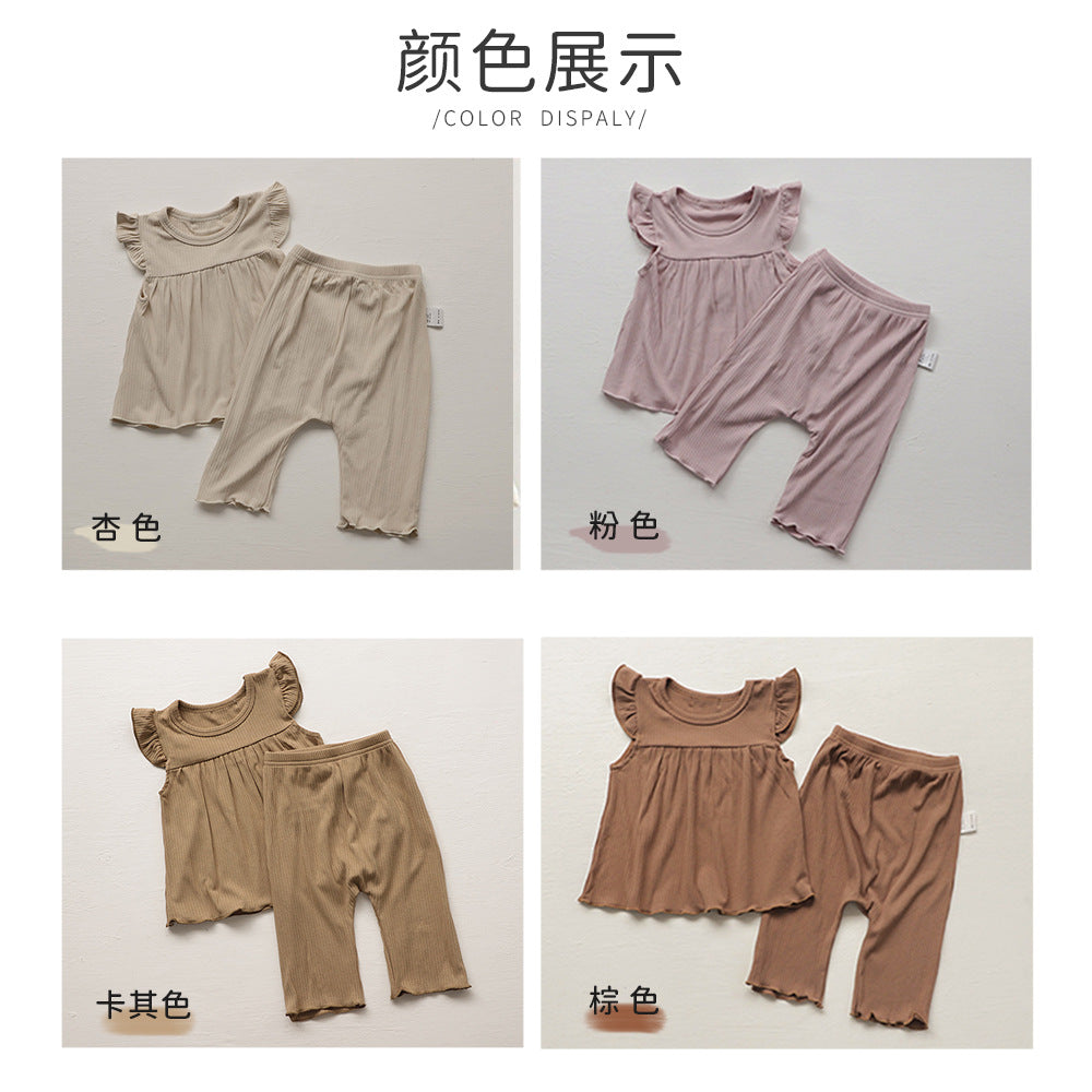 【K4040223】夏季款 嬰幼兒童家居服 女童夏季套裝木耳邊娃娃款女寶嬰童家居服睡衣兩件套-4色 - Baby Parks 童裝批發