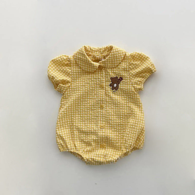 【K3062005】夏季款 嬰幼兒童包屁衣 小熊刺繡花圓領格子連身爬服-2色 - Baby Parks 童裝批發