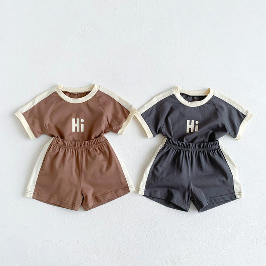 【K3041809】夏季款 嬰幼兒童套裝 拼接休閒短袖T恤短褲兩件套-2色