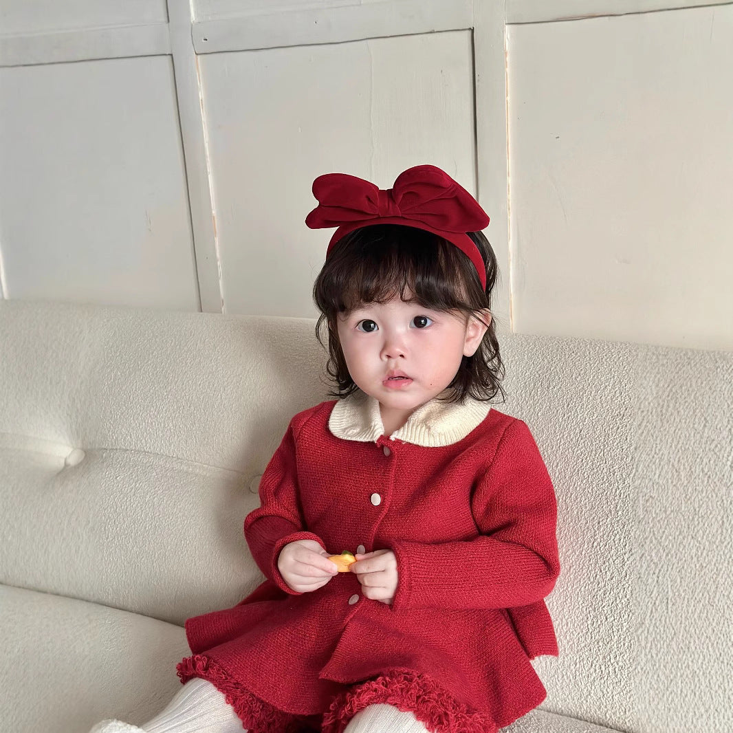  【D4112902】新年嬰幼兒套裝 秋冬女寶寶撞色翻領毛衣＋毛毛短褲兩件組 保暖時尚 73-110CMBaby Parks 童裝批發