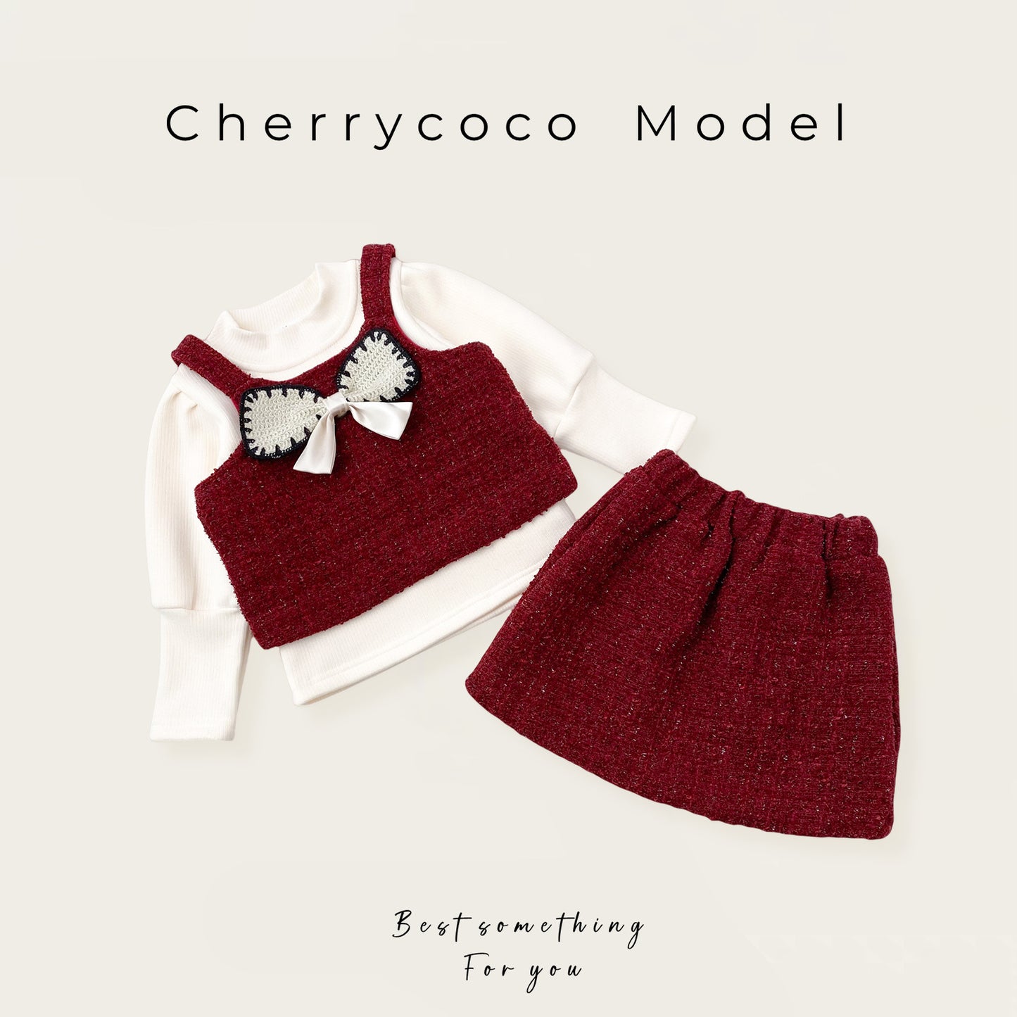  【D4112218】cherrycoco新年款毛呢蝴蝶結無袖背心+內搭上衣+加絨裙子三件套裝，100-140cm女童，時尚可愛，冬季必備。Baby Parks 童裝批發 Baby Parks 童裝批發