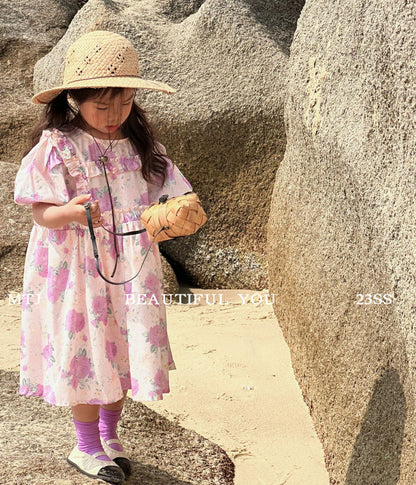 【D3061601】夏季款 嬰幼兒童洋裝 女童玫瑰花連身碎花洋裝木耳邊公主裙棉布裙子 - Baby Parks 童裝批發