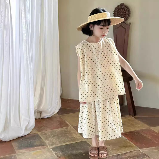 【D4051019】夏季款 兒童套裝 圓點無袖背心+休閒寬鬆半身裙子兩件套
