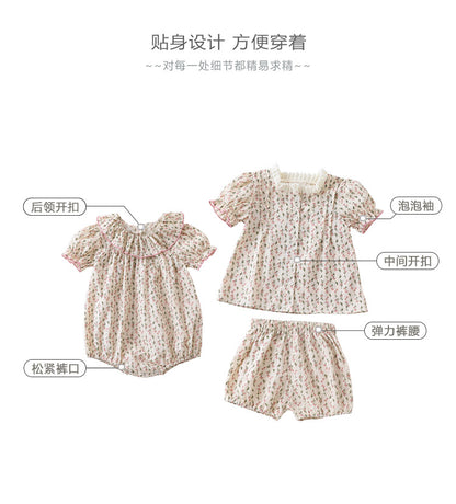 【K3060608】夏季款 嬰幼兒童家居服 包屁衣 純棉連身碎花套裝爬服短袖包屁衣-2款 - Baby Parks 童裝批發