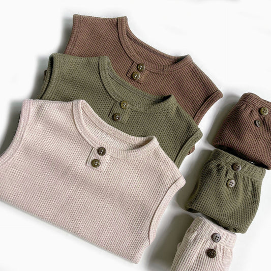 【S3032119】夏季款 嬰幼兒童家居服睡衣 背心華夫格套裝空調服兩件套-3色