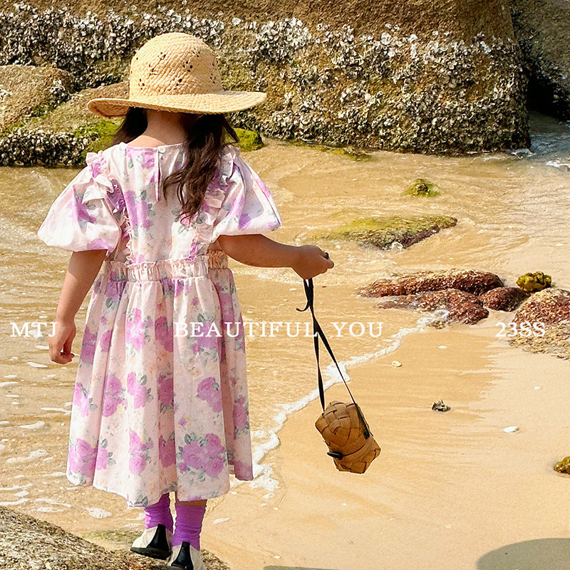 【D3061601】夏季款 嬰幼兒童洋裝 女童玫瑰花連身碎花洋裝木耳邊公主裙棉布裙子 - Baby Parks 童裝批發