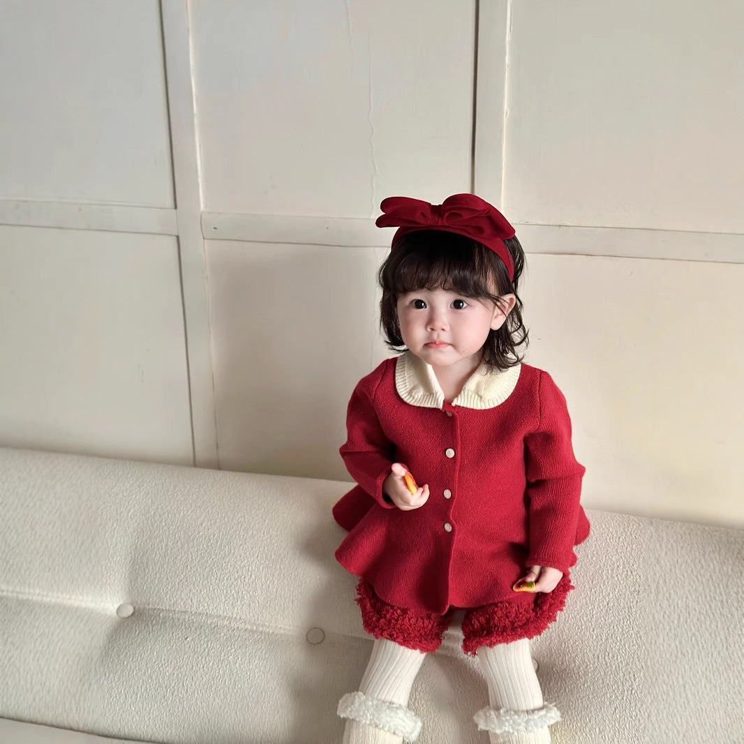  【D4112902】新年嬰幼兒套裝 秋冬女寶寶撞色翻領毛衣＋毛毛短褲兩件組 保暖時尚 73-110CMBaby Parks 童裝批發 Baby Parks 童裝批發