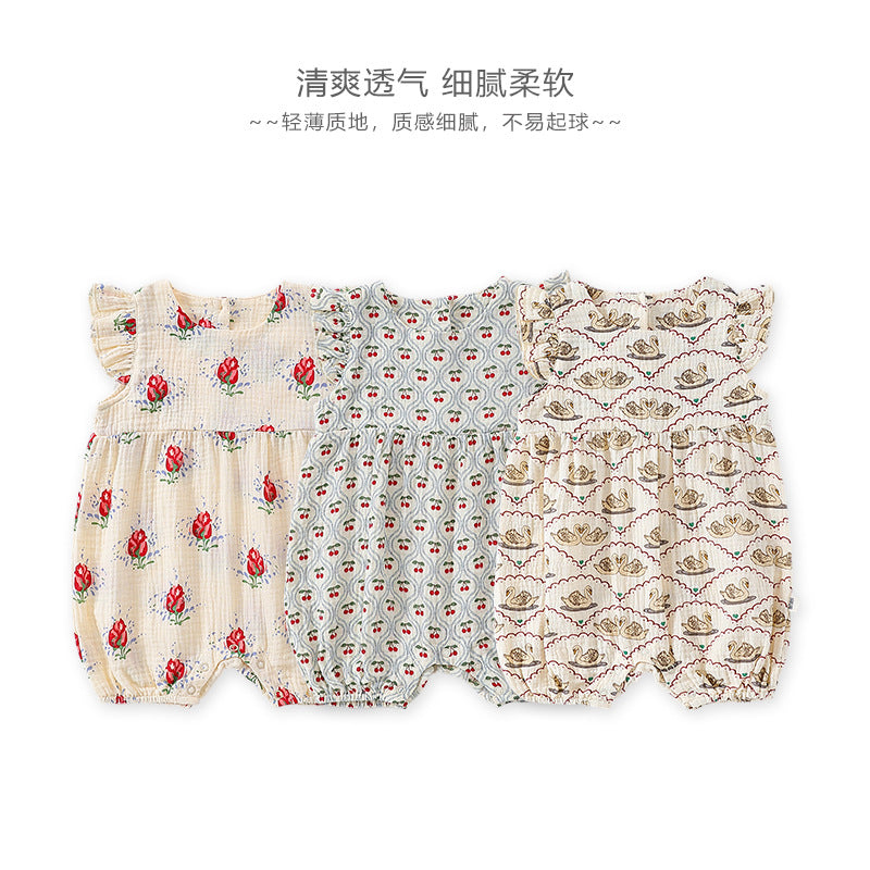 預購❗【K4052110】夏季款 嬰幼兒爬服 薄款透氣連體衣 小飛袖棉紗布-3色 - Baby Parks 童裝批發