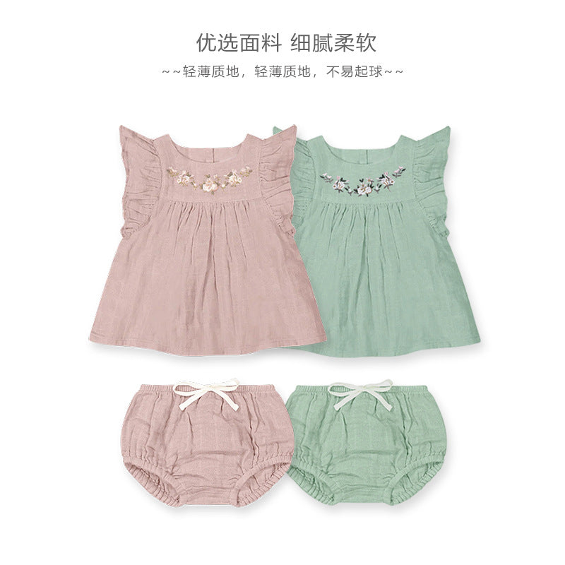 【K3060611】夏季款 嬰幼兒童家居服套裝 純棉飛袖公主裙短褲兩件套-2色 - Baby Parks 童裝批發