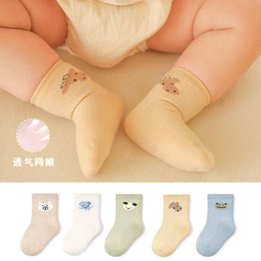 【Y4050318】(5雙組)嬰兒襪子夏季 薄款 卡通動物 新生兒短襪 精梳棉 寶寶網眼襪-多款