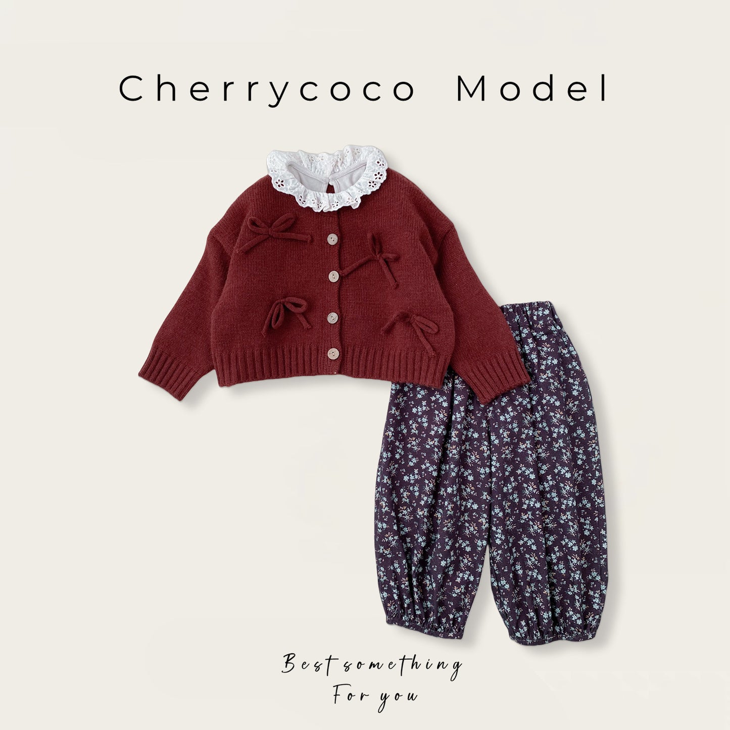  【D4112214】Cherrycoco新年款可愛蝴蝶結毛衣外套+內搭蕾絲領上衣+碎花褲三件套，適合90-140cm女童，秋冬時尚Baby Parks 童裝批發 Baby Parks 童裝批發