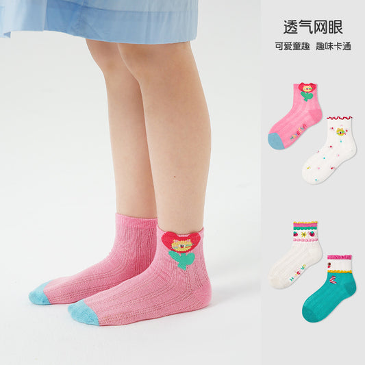 【Y4050301】(4雙組) 兒童襪子 薄款拼色卡通網眼短襪棉花邊短襪