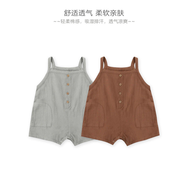 【K3060610】夏季款 嬰幼兒童家居服 包屁衣 純棉無袖吊帶爬服素色薄款-2色 - Baby Parks 童裝批發