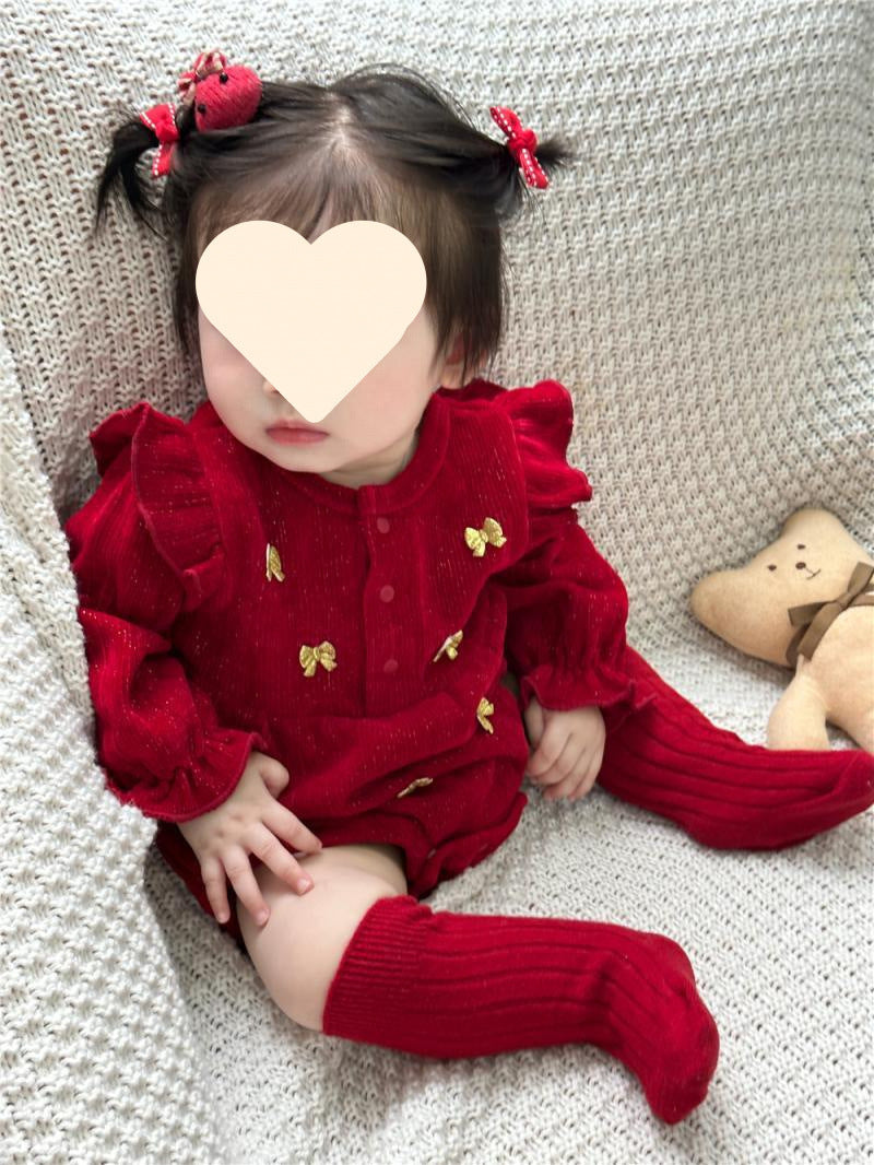  【D4112922】新年嬰幼兒紅色新年爬服 秋冬燈芯絨包屁衣 女寶寶喜慶禮服 66-100cmBaby Parks 童裝批發 Baby Parks 童裝批發