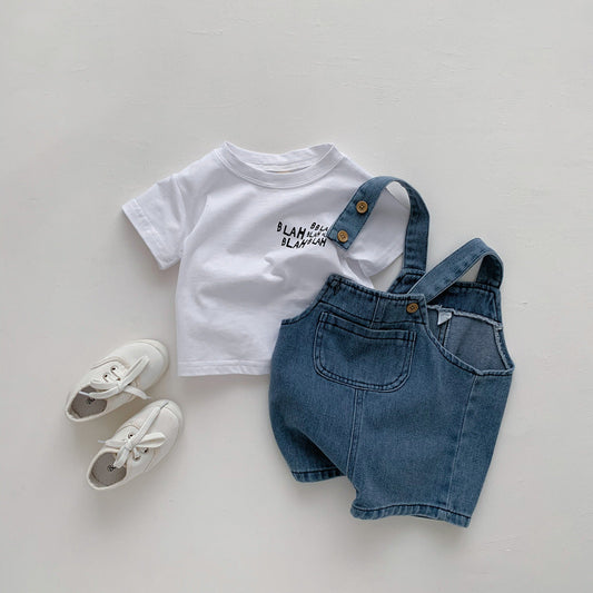 【K3041814】夏季款 嬰幼兒童套裝 牛仔背帶休閒短褲+白色印花T恤 兩件套