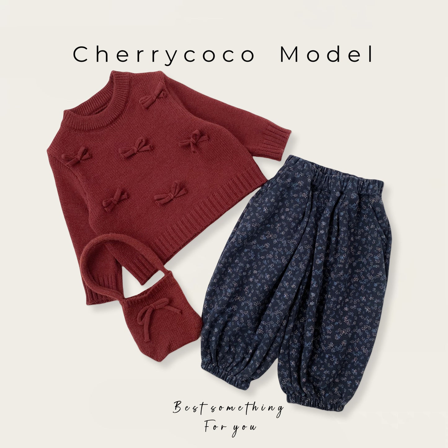  【D4112215】Cherrycoco新年款秋冬女童立體蝴蝶結套頭毛衣+碎花褲兩件套裝，適合90-140cm，時尚可愛Baby Parks 童裝批發 Baby Parks 童裝批發