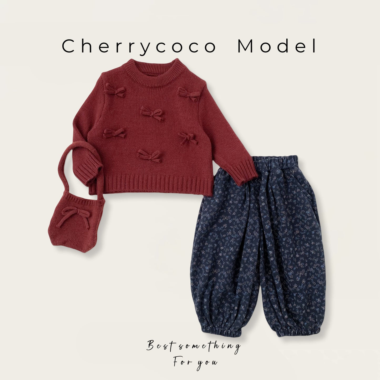  【D4112215】Cherrycoco新年款秋冬女童立體蝴蝶結套頭毛衣+碎花褲兩件套裝，適合90-140cm，時尚可愛Baby Parks 童裝批發 Baby Parks 童裝批發