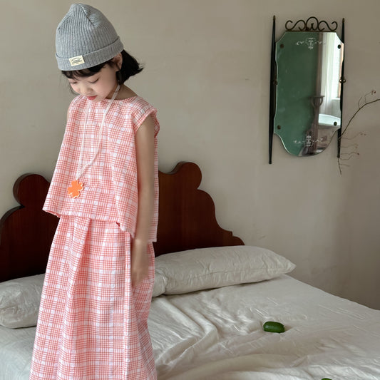 【D4051018】夏季款 兒童套裝 粉色格子無袖背心 +薄款長褲 兩件套