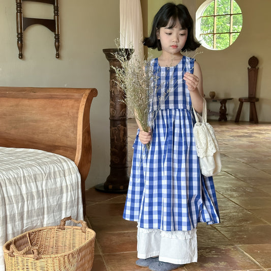 【D4051022】夏季款 兒童洋裝 藍色格子連身裙 休閒寬鬆無袖背心裙子