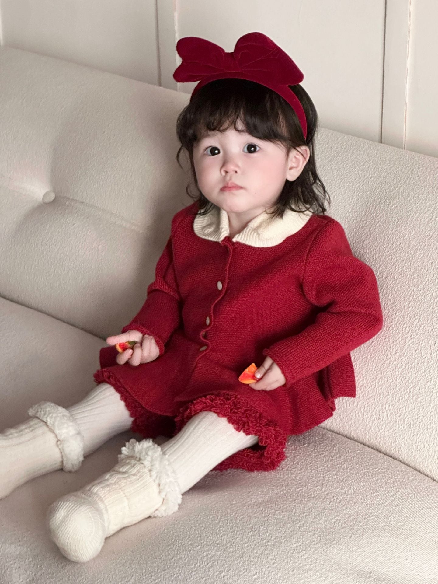  【D4112902】新年嬰幼兒套裝 秋冬女寶寶撞色翻領毛衣＋毛毛短褲兩件組 保暖時尚 73-110CMBaby Parks 童裝批發 Baby Parks 童裝批發