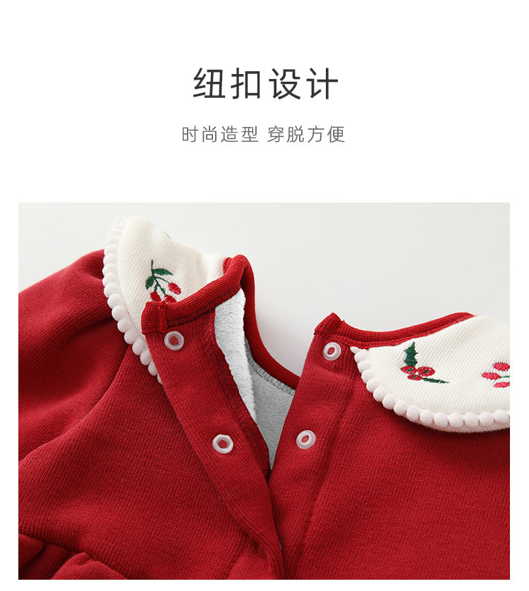  【D4112917】新年嬰幼兒包屁衣 秋冬拜年服 圓領拼色加絨保暖爬服 59-90cmBaby Parks 童裝批發 Baby Parks 童裝批發