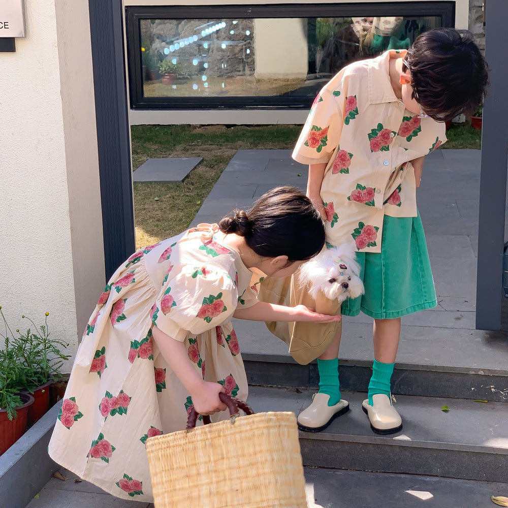 【D3031419】夏季 兒童幼童寬鬆休閒牡丹印花短袖襯衫短褲/泡泡袖洋裝-2款 - Baby Parks 童裝批發