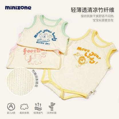 【K4051408】夏季款 minizone 嬰幼兒包屁衣 寶寶哈衣 夏季背心包屁衣 竹纖維 無袖哈衣 三角爬服-多色 - Baby Parks 童裝批發