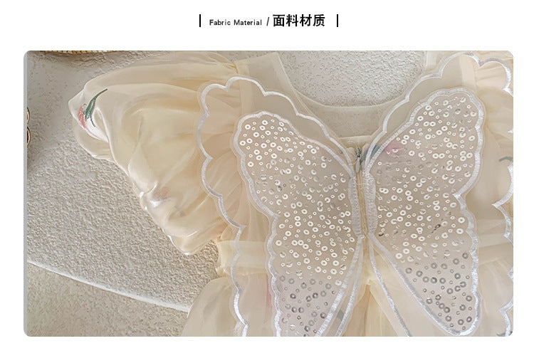 預購❗【D4051705】夏季款 女童洋裝 甜美立體亮片翅膀刺繡花朵泡泡袖短袖公主連身裙-2色 - Baby Parks 童裝批發