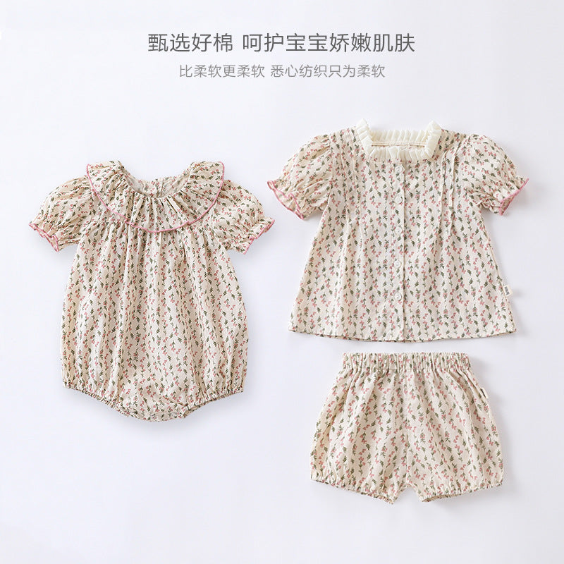 【K3060608】夏季款 嬰幼兒童家居服 包屁衣 純棉連身碎花套裝爬服短袖包屁衣-2款 - Baby Parks 童裝批發