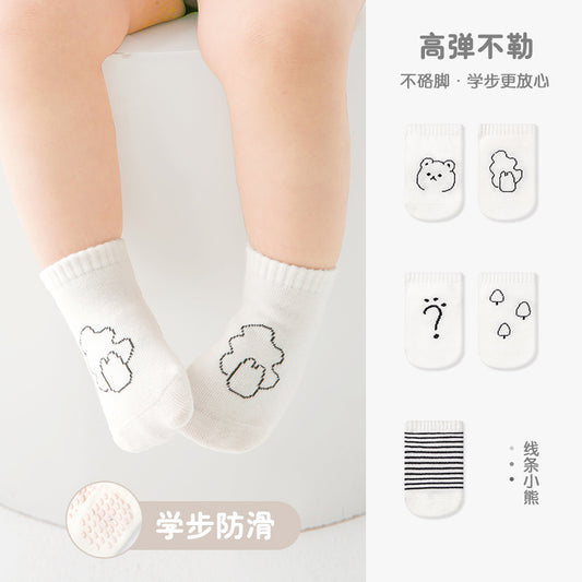 【Y4050307】(5雙組)嬰兒襪子 黑白防滑船襪卡通小熊寶寶襪子 棉 新生兒襪子