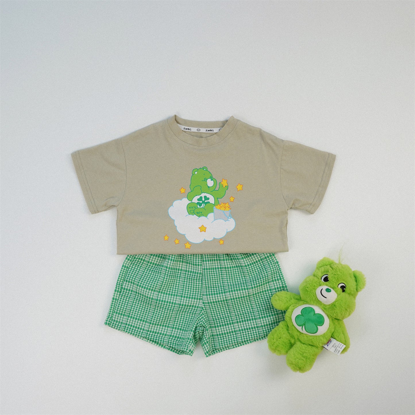 【S4042625】夏季款 兒童短袖套裝 薄款棉质格子套装 短袖小熊印花T恤裤子两件套-3色