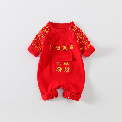  【D4112914】新年嬰幼兒紅色喜慶連身爬服 包屁衣 66-90cm 新年裝Baby Parks 童裝批發