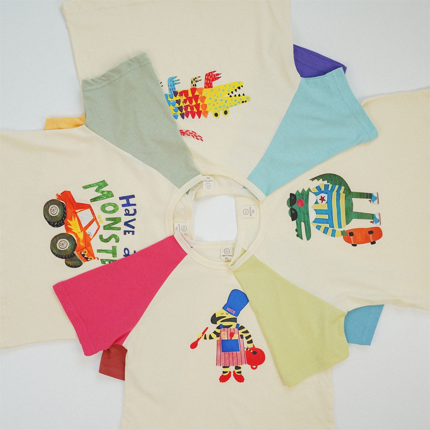 【S4042637】夏季款 兒童短袖T恤 拼色卡通寶寶圓領上衣-4色