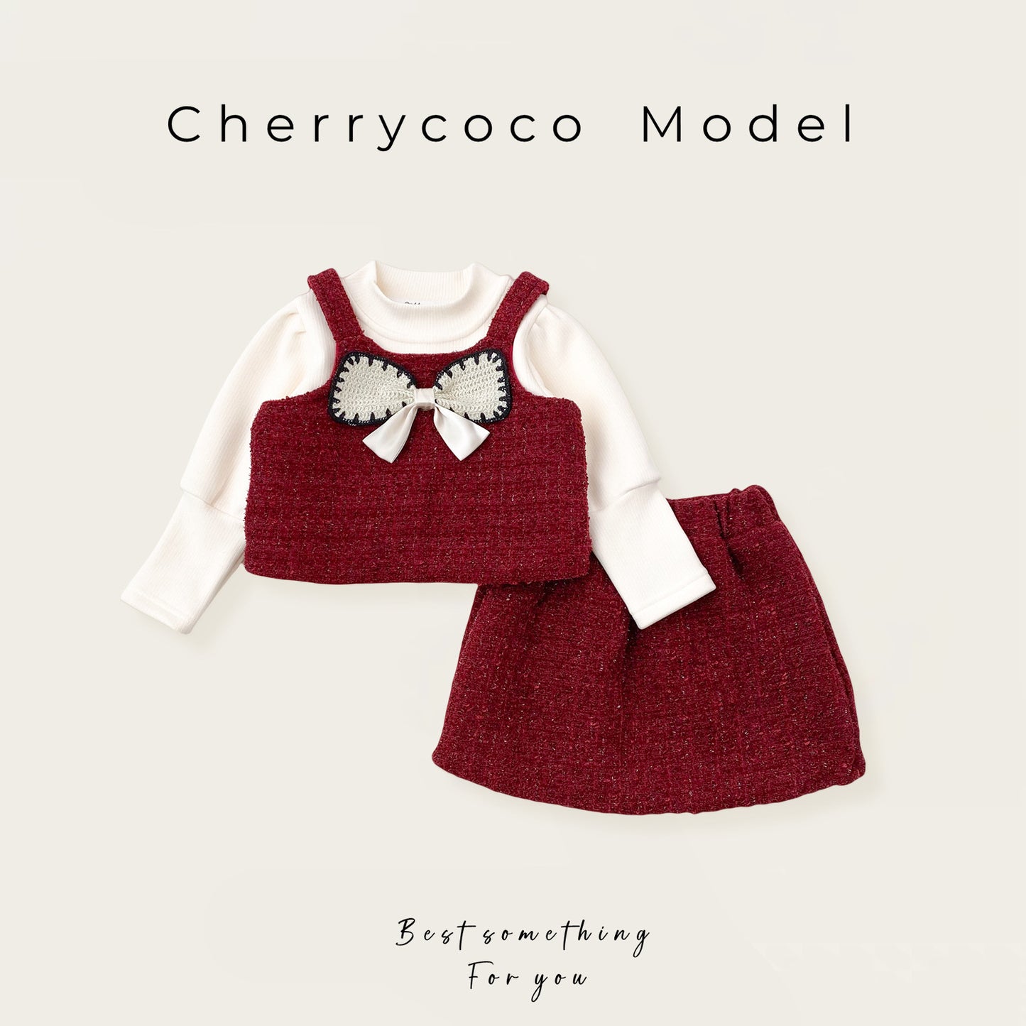  【D4112218】cherrycoco新年款毛呢蝴蝶結無袖背心+內搭上衣+加絨裙子三件套裝，100-140cm女童，時尚可愛，冬季必備。Baby Parks 童裝批發 Baby Parks 童裝批發