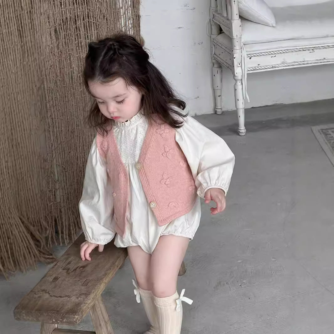 【K4082605】秋季款 韓版刺繡文藝甜美爬服包屁衣+刺繡粉紅背心 - Baby Parks 童裝批發