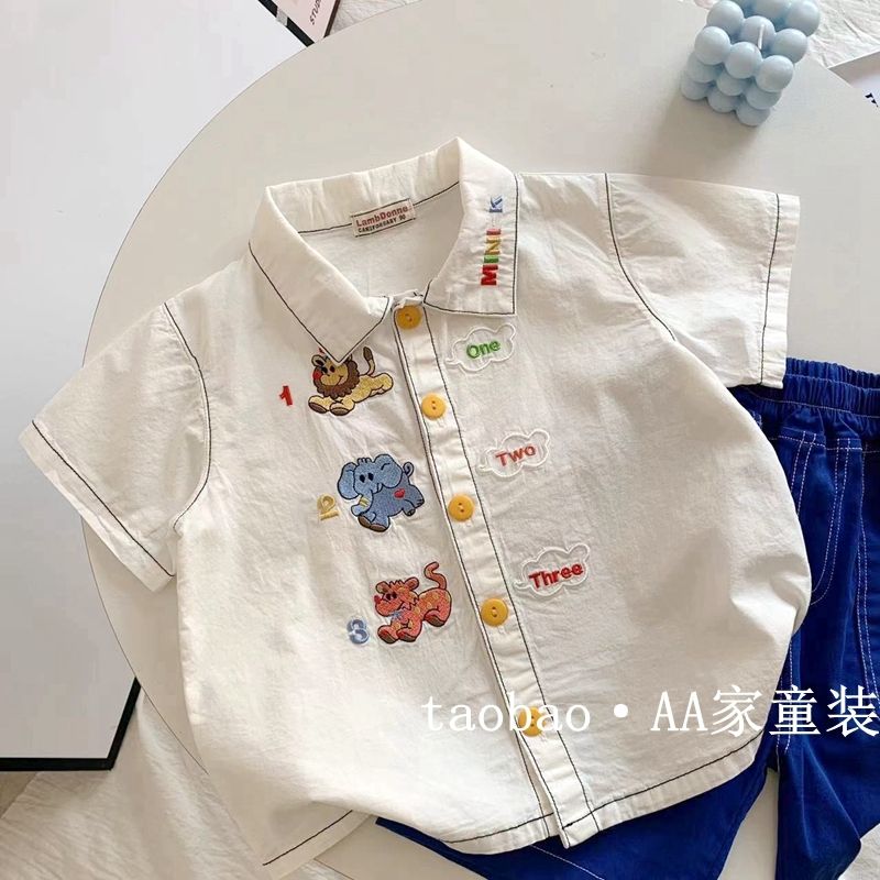 【S3041418】特賣款 夏季 嬰幼兒童襯衫 日系卡通刺繡白色翻領上衣 - Baby Parks 童裝批發