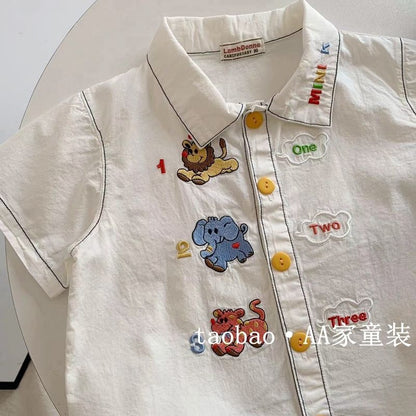 【S3041418】特賣款 夏季 嬰幼兒童襯衫 日系卡通刺繡白色翻領上衣 - Baby Parks 童裝批發